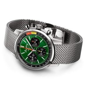 Breitling Top Time B01 Ford Mustang AB01762A1L1A1 men's chronograph watch, 41mm stainless steel case, green dial, steel mesh bracelet – side view