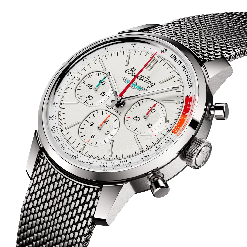 Breitling Top Time B01 Ford Thunderbird AB01766A1A1A1 men's chronograph watch, 41mm stainless steel case, white dial, steel mesh bracelet – angle view