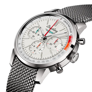 Breitling Top Time B01 Ford Thunderbird AB01766A1A1A1 men's chronograph watch, 41mm stainless steel case, white dial, steel mesh bracelet – angle view