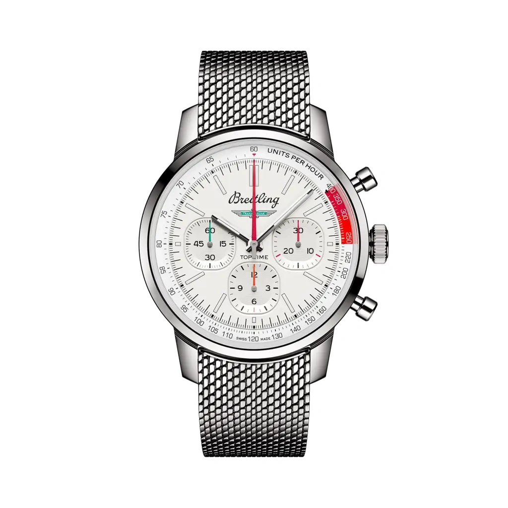 Breitling Top Time B01 Ford Thunderbird AB01766A1A1A1 men's chronograph watch, 41mm stainless steel case, white dial, steel mesh bracelet – front view