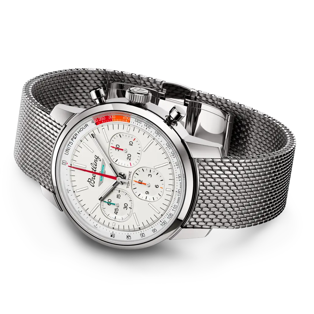 Breitling Top Time B01 Ford Thunderbird AB01766A1A1A1 men's chronograph watch, 41mm stainless steel case, white dial, steel mesh bracelet – side view