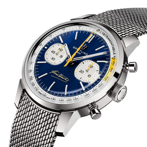 Breitling Top Time B01 Gino Bartali AB01767A1C1A1 men's chronograph watch, 41mm stainless steel case, blue dial, steel mesh bracelet – angle view