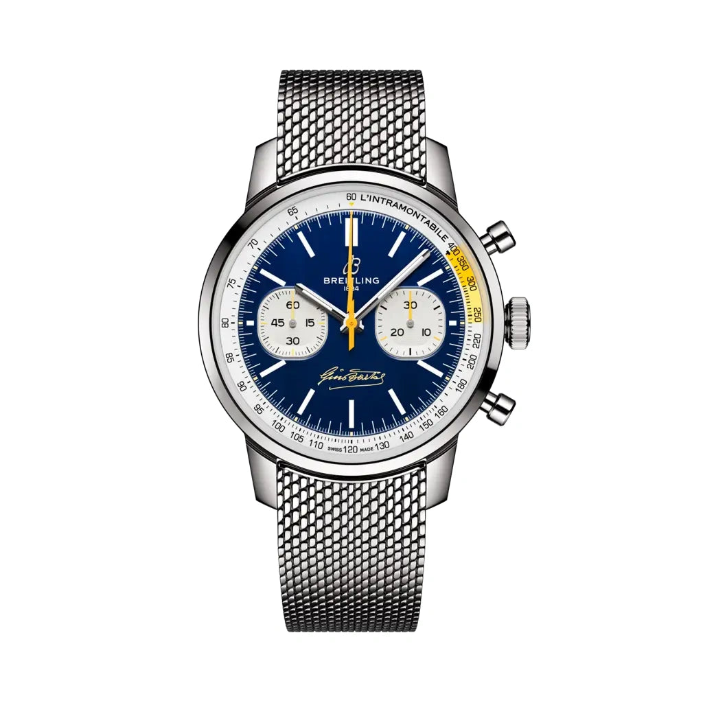 Breitling Top Time B01 Gino Bartali AB01767A1C1A1 men's chronograph watch, 41mm stainless steel case, blue dial, steel mesh bracelet – front view