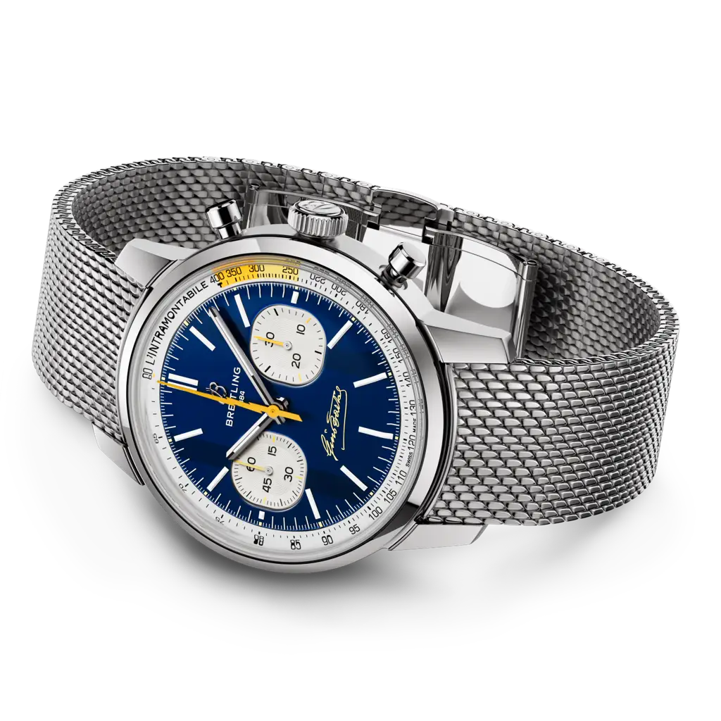 Breitling Top Time B01 Gino Bartali AB01767A1C1A1 men's chronograph watch, 41mm stainless steel case, blue dial, steel mesh bracelet – side view
