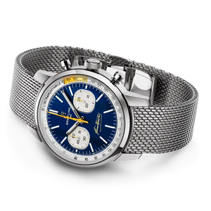 Breitling Top Time B01 Gino Bartali AB01767A1C1A1 men's chronograph watch, 41mm stainless steel case, blue dial, steel mesh bracelet – side view