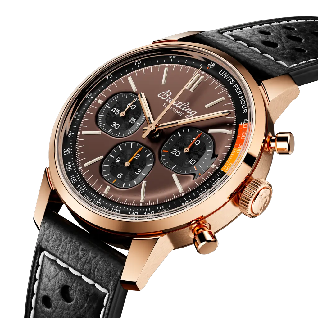 Breitling Top Time B01 RB01761A1Q1X1 men's chronograph watch, 41mm red gold case, bronze dial, black leather strap – angle view
