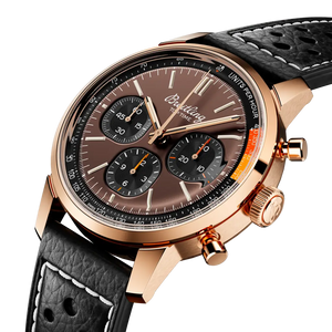 Breitling Top Time B01 RB01761A1Q1X1 men's chronograph watch, 41mm red gold case, bronze dial, black leather strap – angle view