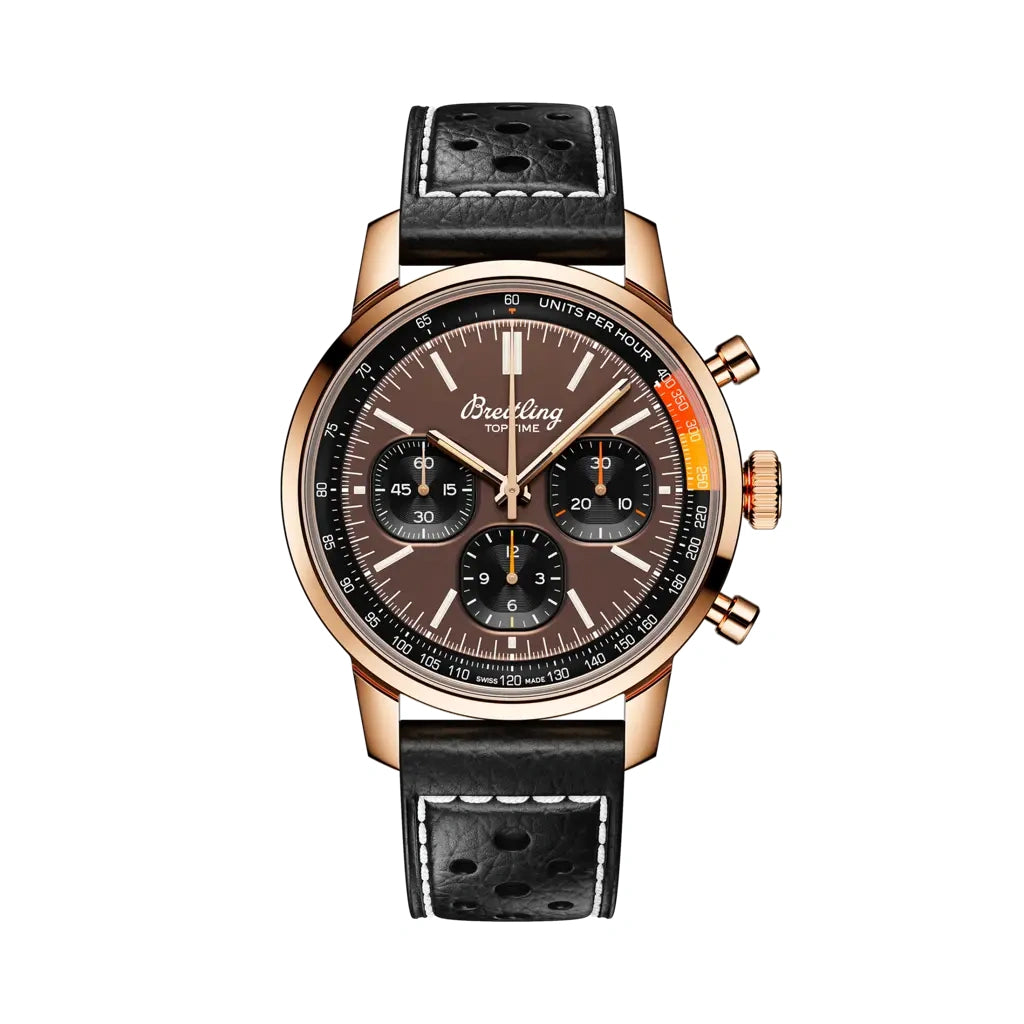 Breitling Top Time B01 RB01761A1Q1X1 men's chronograph watch, 41mm red gold case, bronze dial, black leather strap – front view