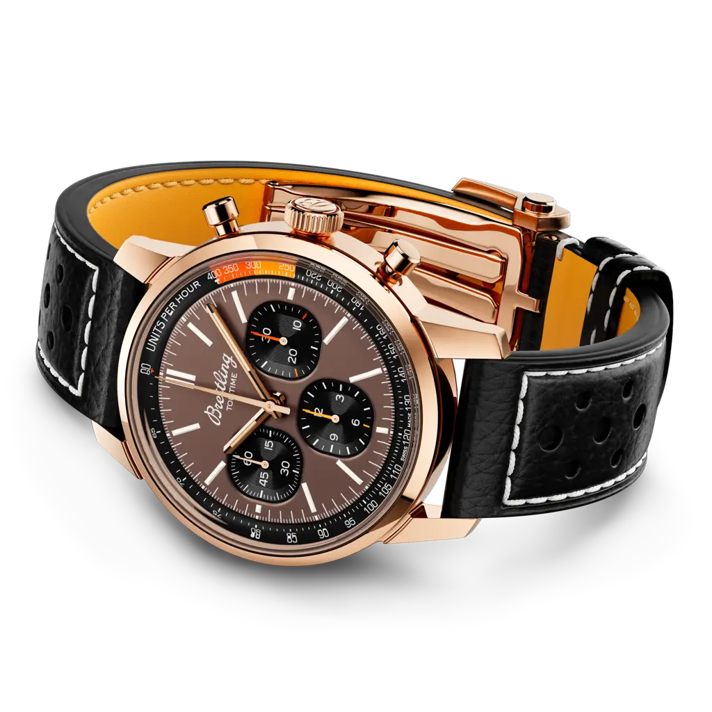 Breitling Top Time B01 RB01761A1Q1X1 men's chronograph watch, 41mm red gold case, bronze dial, black leather strap – side view