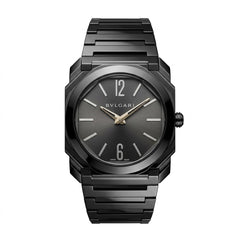 Bvlgari Octo Finissimo 40mm men's watch, Black dial, polished silver stainless steel case and bracelet | ساعة بولجاري أوكتو فينيسيمو رجالي مينا سوداء ستيل فضي لميع