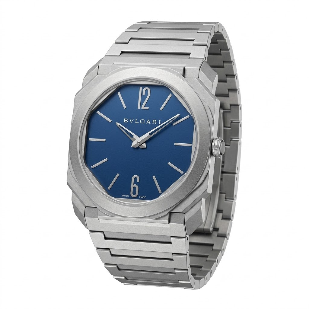 Bvlgari Octo Finissimo 40mm men's watch, Blue dial, matte sandblasted silver stainless steel case and bracelet | ساعة بولجاري أوكتو فينيسيمو رجالي مينا زرقاء ستيل فضي مط