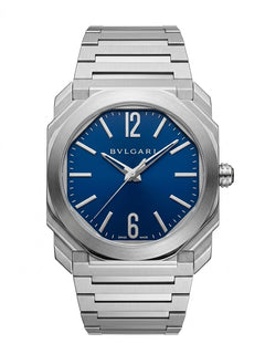 Bvlgari Octo Finissimo 40mm men's watch, Blue dial, polished silver stainless steel case and bracelet | ساعة بولجاري أوكتو فينيسيمو رجالي مينا زرقاء ستيل فضي لميع