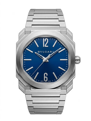 Bvlgari Octo Finissimo 40mm men's watch, Blue dial, polished silver stainless steel case and bracelet | ساعة بولجاري أوكتو فينيسيمو رجالي مينا زرقاء ستيل فضي لميع