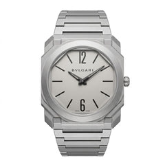 Bvlgari Octo Finissimo 40mm men's watch, Grey dial, matte sandblasted silver stainless steel case and bracelet | ساعة بولجاري أوكتو فينيسيمو رجالي مينا رمادي ستيل فضي مط