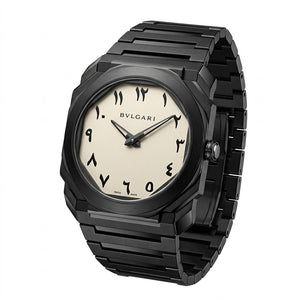 Bvlgari Octo Finissimo 40mm men's watch, Silver Eastern Arabic numeral dial, polished black case and bracelet | ساعة بولجاري أوكتو فينيسيمو رجالي مينا فضي أرقام عربي أسود لميع