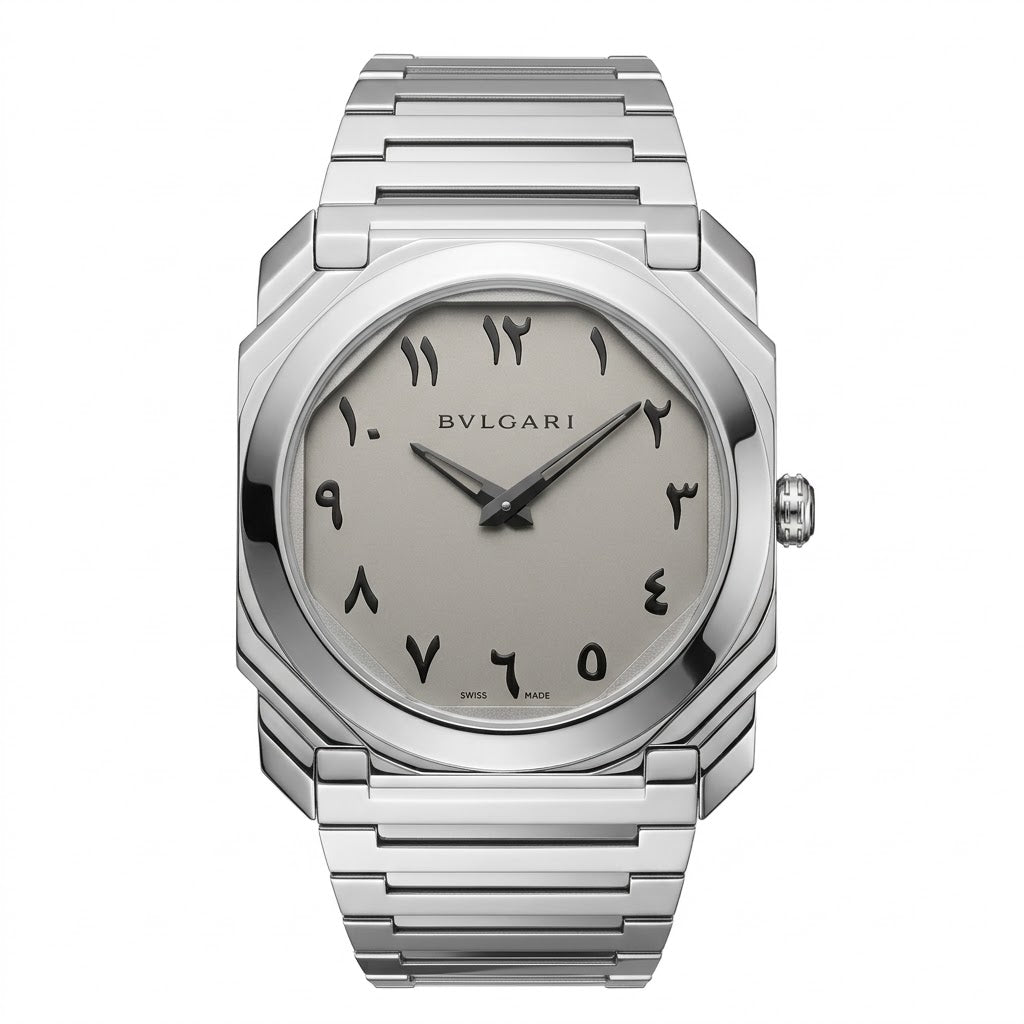 Bvlgari Octo Finissimo 40mm men's watch, Silver Eastern Arabic numeral dial, polished silver stainless steel case and bracelet | ساعة بولجاري أوكتو فينيسيمو رجالي مينا فضي أرقام عربي ستيل فضي لميع