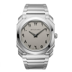 Bvlgari Octo Finissimo 40mm men's watch, Silver Eastern Arabic numeral dial, polished silver stainless steel case and bracelet | ساعة بولجاري أوكتو فينيسيمو رجالي مينا فضي أرقام عربي ستيل فضي لميع