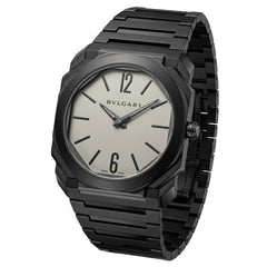 Bvlgari Octo Finissimo 40mm men's watch, Silver dial, polished black case and bracelet | ساعة بولجاري أوكتو فينيسيمو رجالي مينا فضي أسود لميع