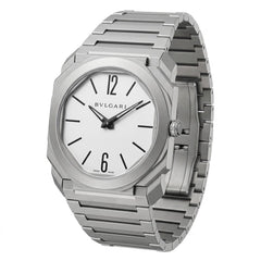 Bvlgari Octo Finissimo 40mm men's watch, White dial, matte sandblasted silver stainless steel case and bracelet | ساعة بولجاري أوكتو فينيسيمو رجالي مينا بيضاء ستيل فضي مط