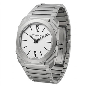 Bvlgari Octo Finissimo 40mm men's watch, White dial, matte sandblasted silver stainless steel case and bracelet | ساعة بولجاري أوكتو فينيسيمو رجالي مينا بيضاء ستيل فضي مط