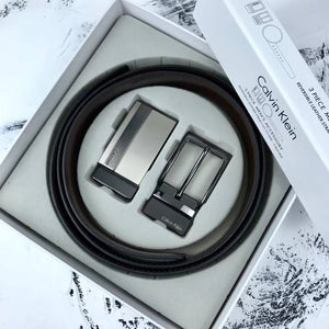 Display of Calvin Klein Gift Set showing both Automatic Ratchet and Classic Prong Buckles