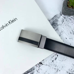 Calvin Klein Black Leather Belt featuring Modern Automatic Ratchet Plaque Buckle