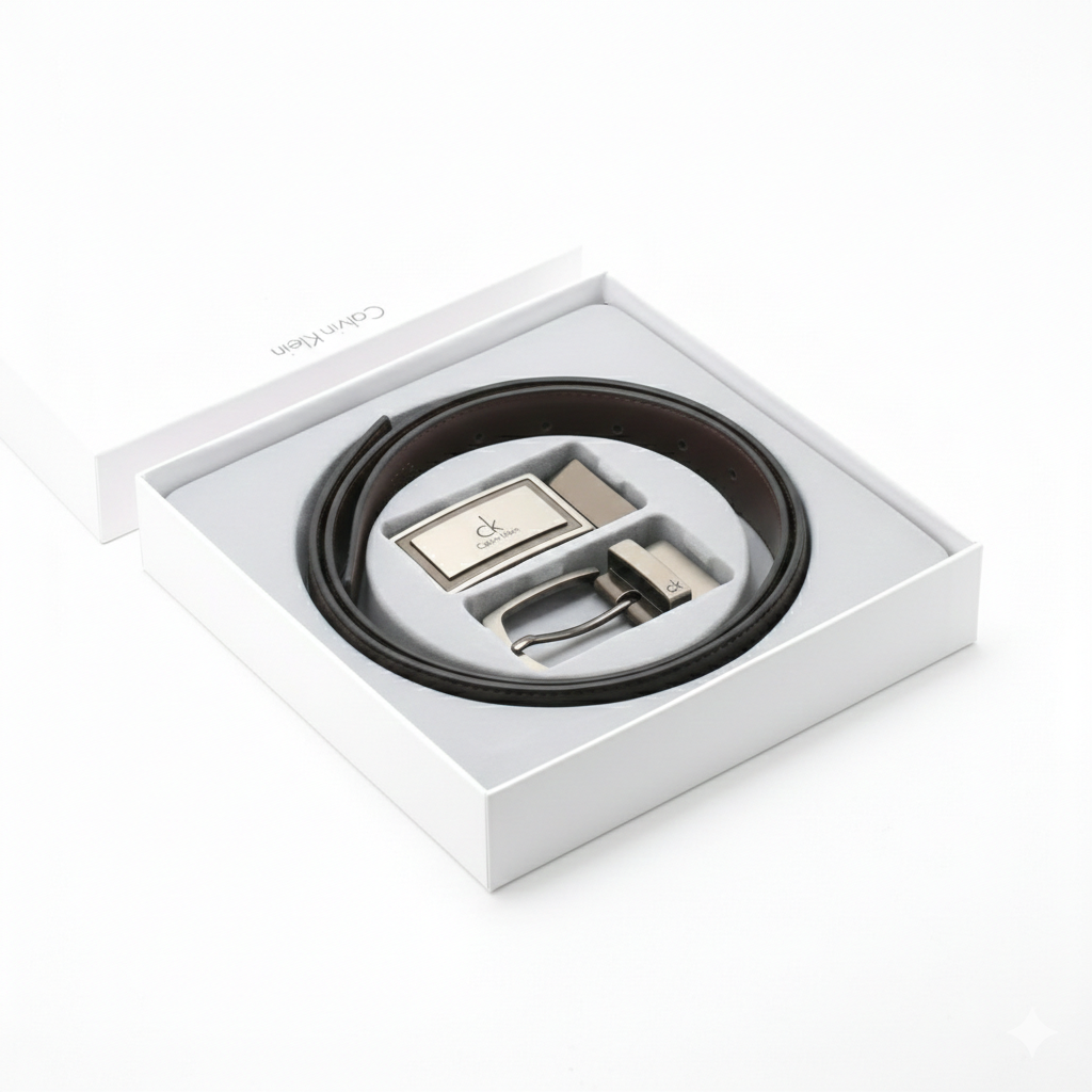 Luxury Calvin Klein men's 3-piece accessory gift set showcasing a black leather belt and two interchangeable buckles inside a premium branded window box