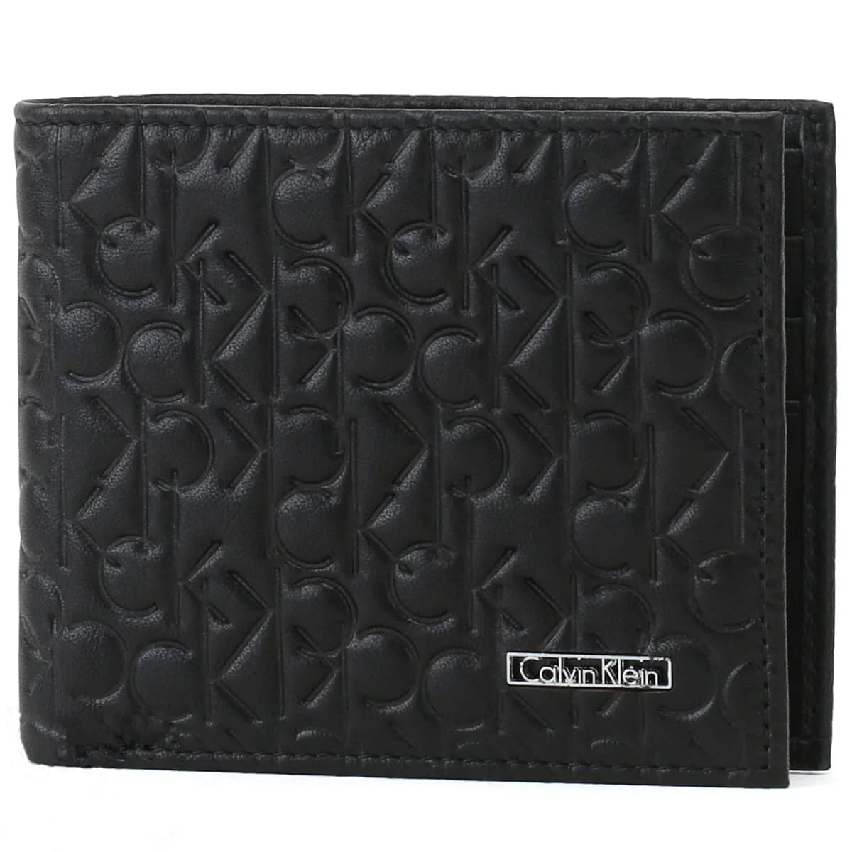 Front view of Calvin Klein Black Monogram Bifold Wallet with Metal Plate