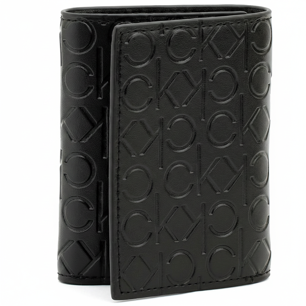 Perspective view of a standing Calvin Klein men's black leather wallet showcasing the front flap closure and the distinct all-over embossed CK logo pattern
