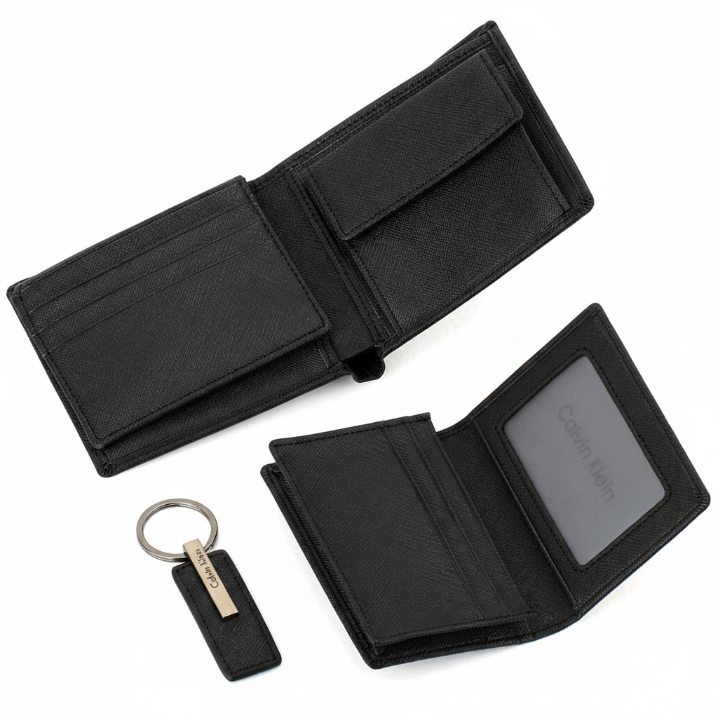 Angled top-down view of a Calvin Klein 3-piece gift set: black saffiano leather bifold wallet, matching card holder, and premium leather keychain on a white background