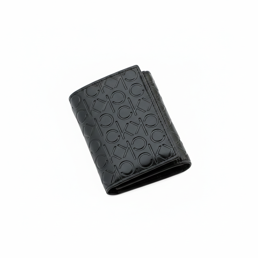 Straight-on front view of a closed Calvin Klein men's black leather wallet showcasing the all-over embossed CK logo pattern and front flap design