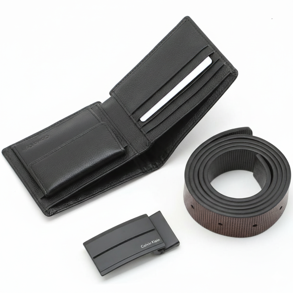 Open view of Calvin Klein black pebble leather wallet showing card slots and coin pocket, displayed with matching belt and matte black buckle