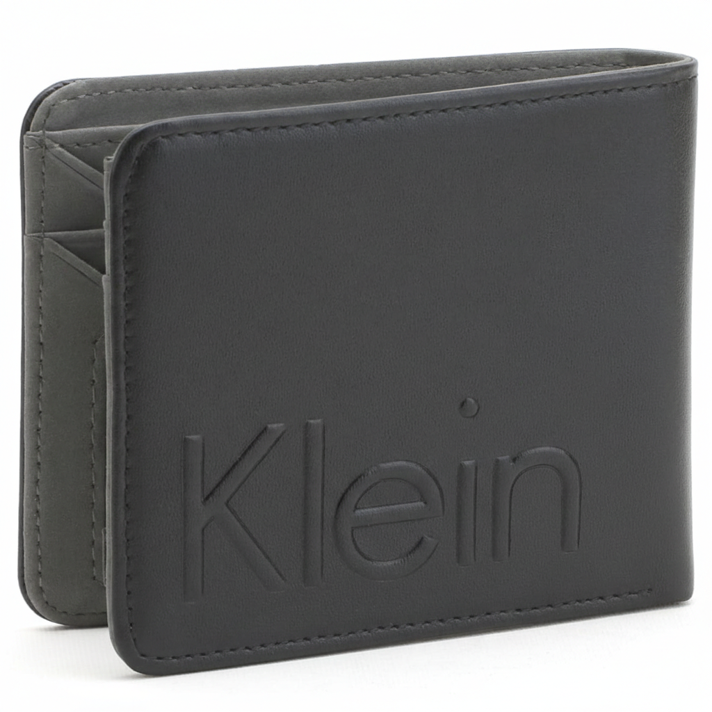 Straight-on front view of a Calvin Klein men's black leather bifold wallet displaying the prominent debossed Calvin lettering