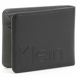 Straight-on front view of a Calvin Klein men's black leather bifold wallet displaying the prominent debossed Calvin lettering
