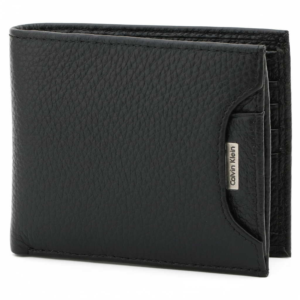 Front view of a standing Calvin Klein men's black pebbled leather wallet, featuring an exterior slot holding a removable card case with a silver metal logo plaque