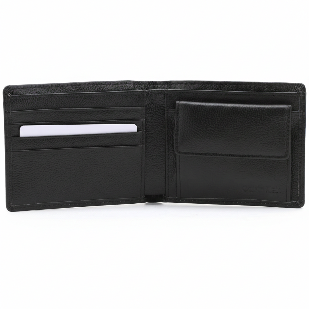 Interior layout of Calvin Klein black leather wallet displaying multiple card slots and a secure snap-button coin compartment