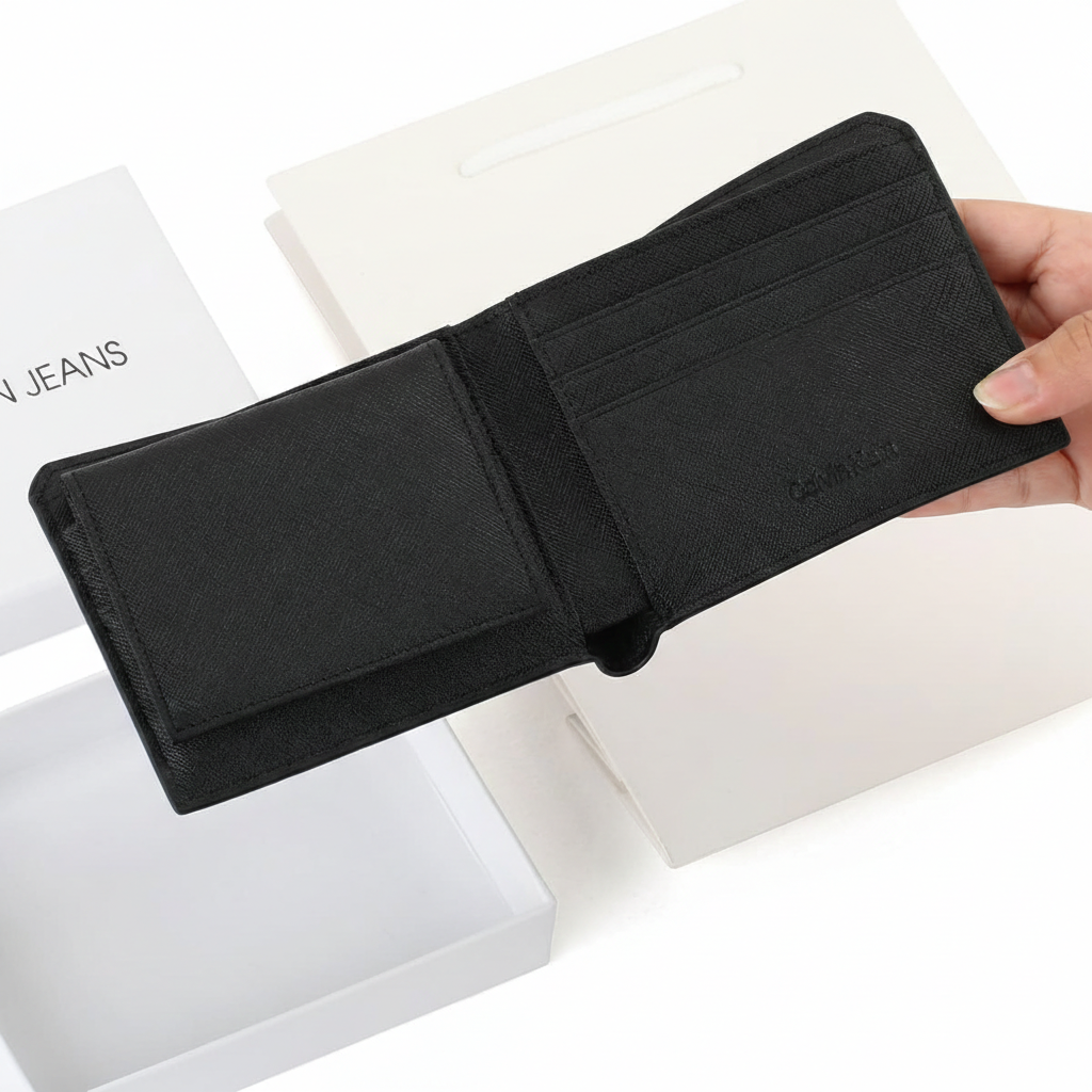 Interior view of an open Calvin Klein men's black leather wallet showing multiple card slots, bill compartments, and debossed branding