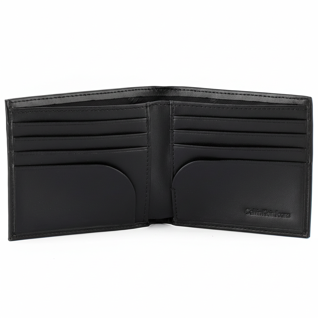 Interior view of a Calvin Klein black smooth leather wallet displaying multiple card slots and the embossed Calvin Klein Jeans logo