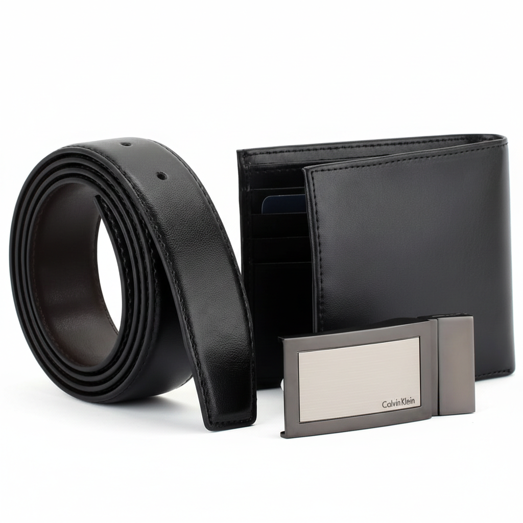 Black leather belt, wallet, and cardholder with Calvin Klein branding on a white background