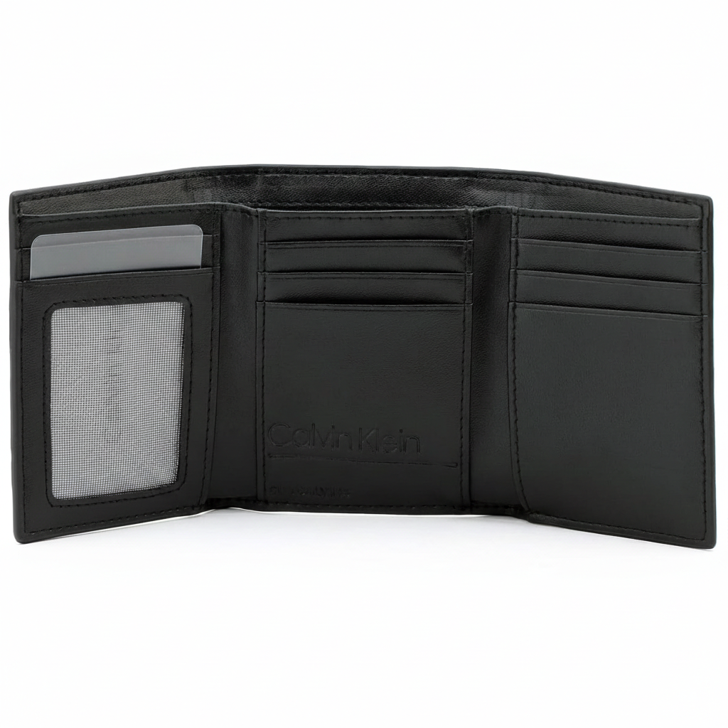 Fully open interior view of a Calvin Klein men's black leather wallet revealing a practical tri-fold design with a clear ID window on the left, multiple card slots, and debossed branding in the center