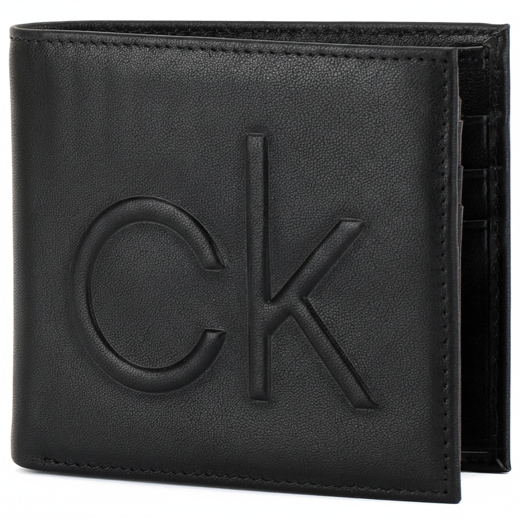 Detailed front perspective of a standing Calvin Klein black smooth leather wallet showcasing the striking large-scale debossed cK monogram logo