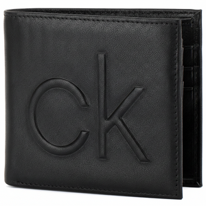 Detailed front perspective of a standing Calvin Klein black smooth leather wallet showcasing the striking large-scale debossed cK monogram logo