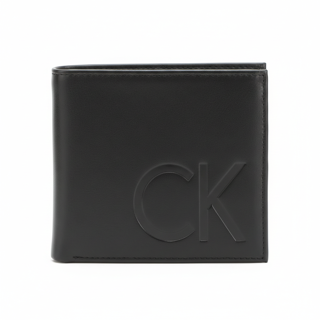 Straight-on front view of a closed Calvin Klein men's black smooth leather wallet showcasing the prominent large debossed CK initials