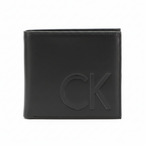 Straight-on front view of a closed Calvin Klein men's black smooth leather wallet showcasing the prominent large debossed CK initials
