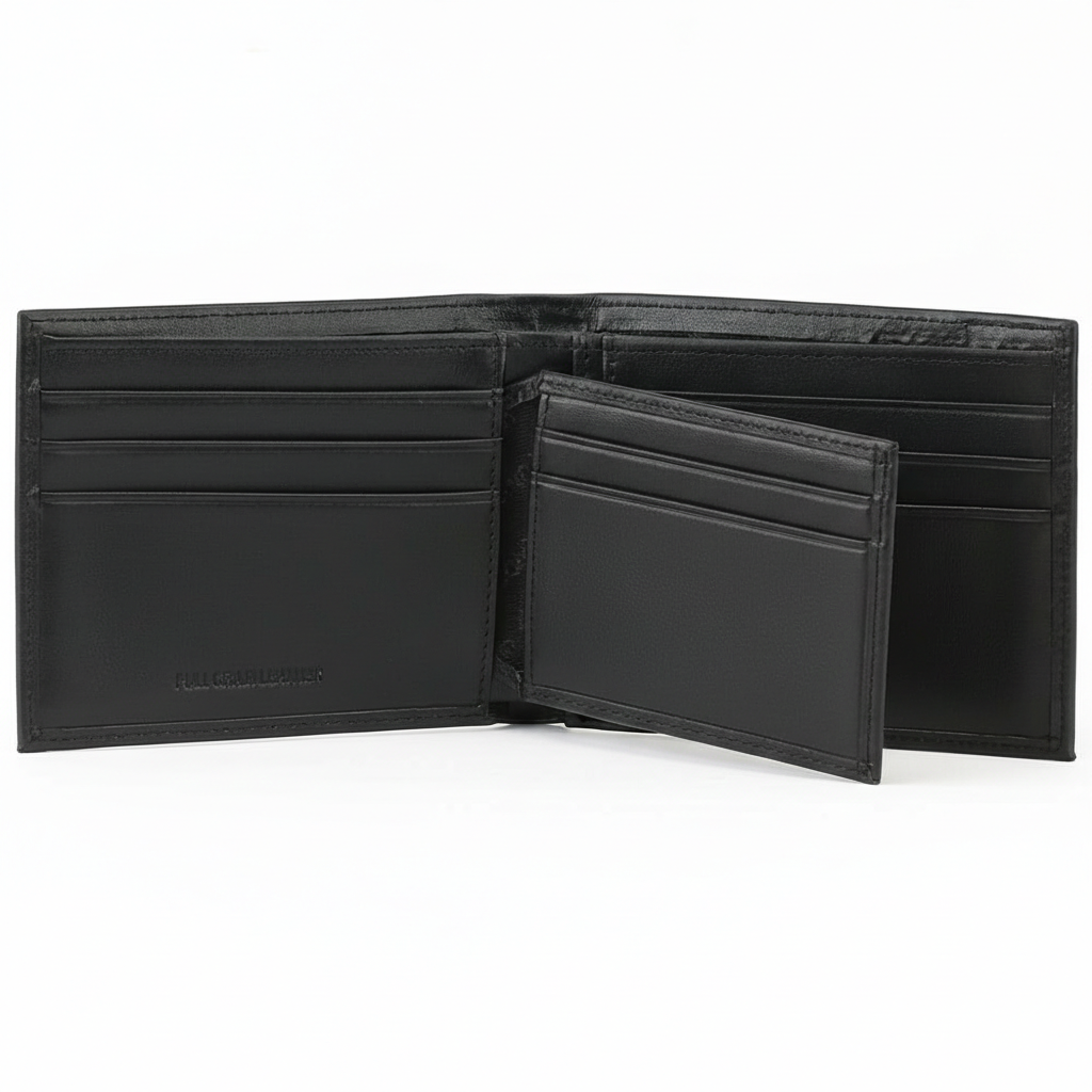 Overhead view of an open Calvin Klein men's black smooth leather wallet showcasing an extra fold-out passcase flap with clear ID windows on the left and card slots with branding on the right