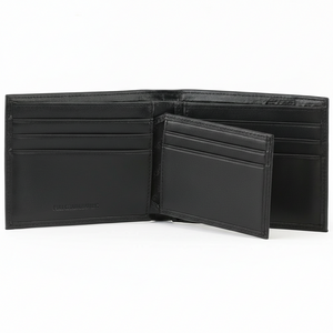 Overhead view of an open Calvin Klein men's black smooth leather wallet showcasing an extra fold-out passcase flap with clear ID windows on the left and card slots with branding on the right