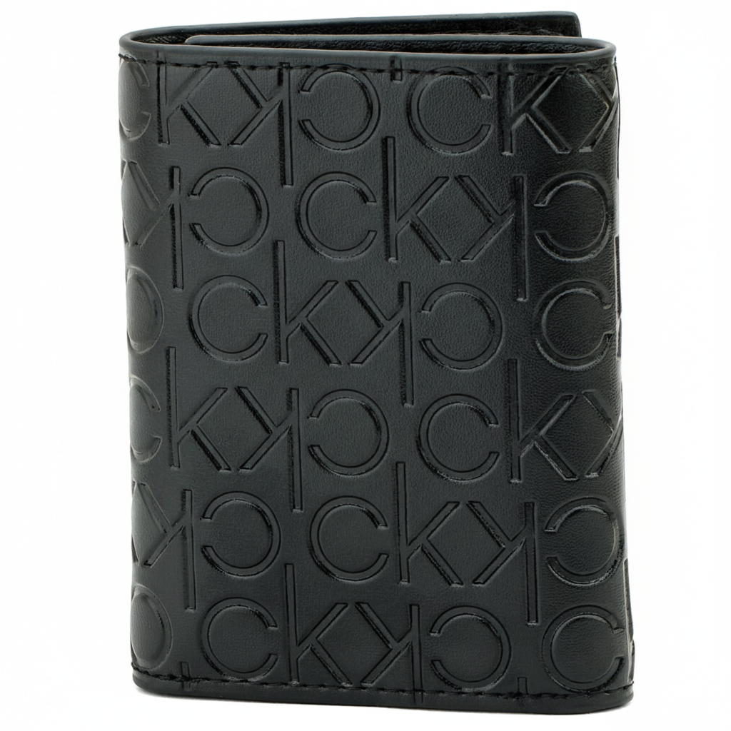 Rear view of a standing Calvin Klein men's black leather wallet highlighting the premium finish and the continuous all-over embossed CK logo pattern
