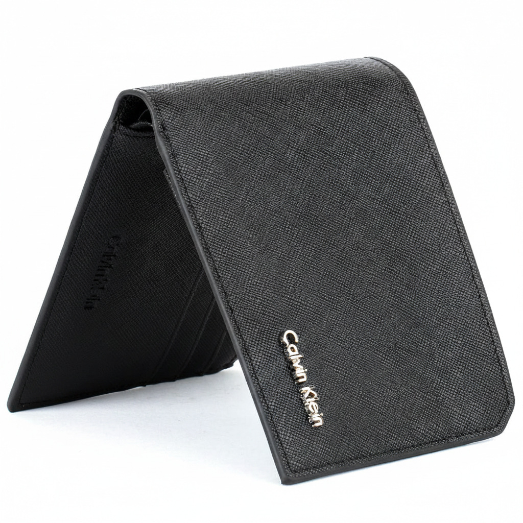 Fully open interior view of a Calvin Klein men's black leather wallet featuring multiple card slots, debossed branding, and a practical fold-out passcase flap with a clear ID window