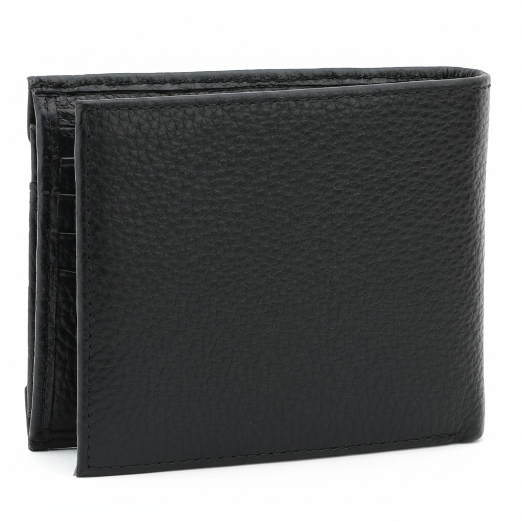 Rear view of a standing Calvin Klein men's black pebbled leather bifold wallet, highlighting the premium textured finish and clean stitching