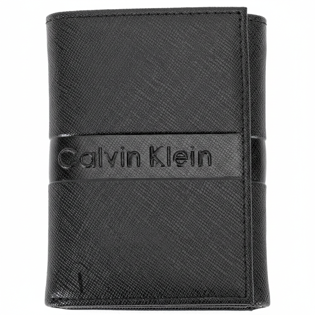 Straight-on front view of a closed Calvin Klein men's black saffiano leather wallet featuring a distinct front flap design with a debossed Calvin Klein logo on a smooth horizontal band